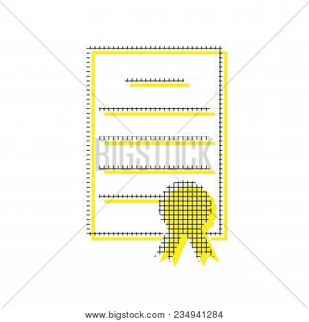 Check Mark Sign Illustration. Vector. Yellow Icon With Square Pattern Duplicate At White Background.