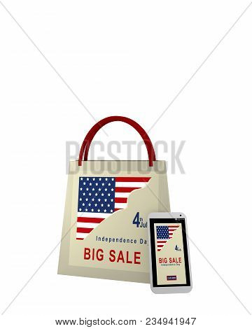 Shopping Bag And Mobile Phone With Sale Advertising For Independence Day, 3d Rendering