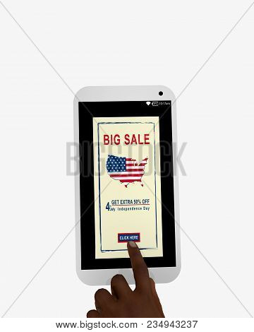 Mobile Phone With Sale Advertising And A Hand Clicking On A Button. Isolated On White, 3d Rendering