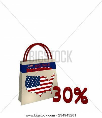 Shopping Bag With Sale Advertisement For Independence Day A Map Detail Of Usa And Text 30%, 3d Rende