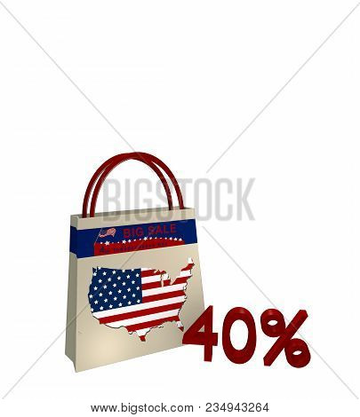 Shopping Bag With Sale Advertising For Independence Day A Map Detail Of Usa And Text 40%, 3d Renderi