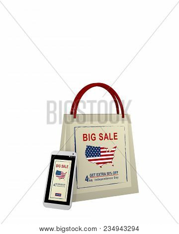 Shopping Bag And Mobile Phone With Sale Advertising For Independence Day, 3d Rendering