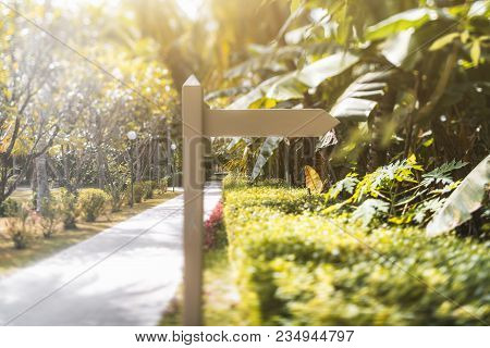 True Tilt-shift Shot Of A Wooden Blank Waypoint Marker Located Next To The Footpath Of A Tropical Re