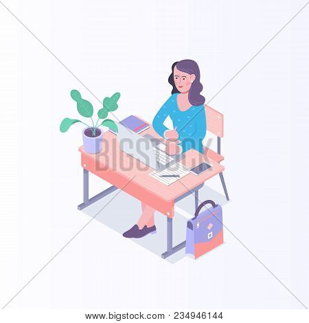 Young Business Working On Nete Book. Freelance Concept.vector Isometric Illustration
