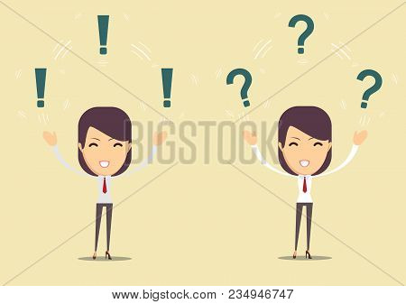 Beautiful Young Lady Thinking With Question Marks Overhead. Stock Flat Vector Illustration.