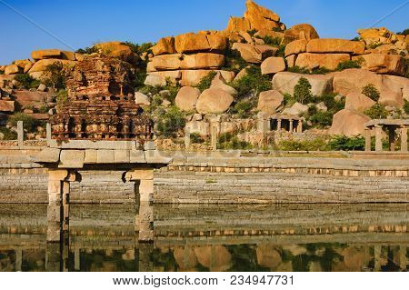 Pushkarani Is A Sacred Lake On The Way To The Vitthala Temple In Hampi, Karnataka, India. The Pond S