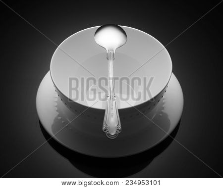 White Porcelain Bowl With A Spoon Isolation On A Black Background Used In Kitchens