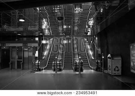 Finland, Helsinki - March 25, 2018: Escalator For Descent To The Platform Of The Metro Station Kampp