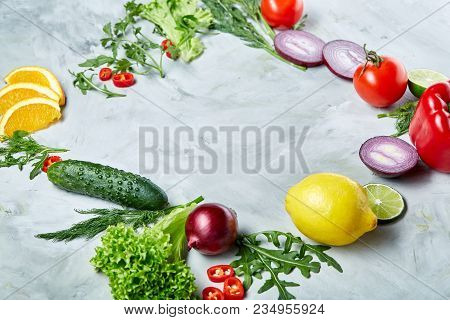 Seamless Pattern With Lemon, Onion, Tomatoes, Lime And Dill On White Background, Top View, Close-up,
