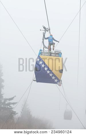 Alpinist Is Rescue People Exercise On Gondola Car