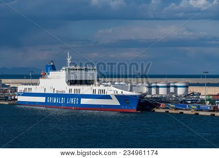 Valencia, Spain - March 16, 2018: Grimaldi Lines Ferry Leaving For Sardinia From Valencia Port In Sp