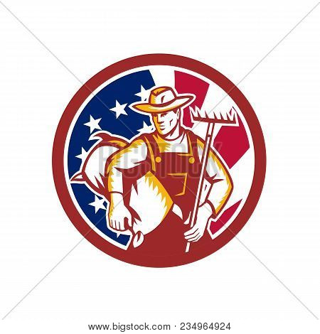 Icon Retro Style Illustration Of An American Organic Farmer Holding Sack And Rake With United States