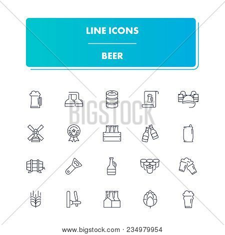 Line Icons Set. Beer Pack. Vector Illustration With Drink And Food Elements For Bar, Pub Or Restaura