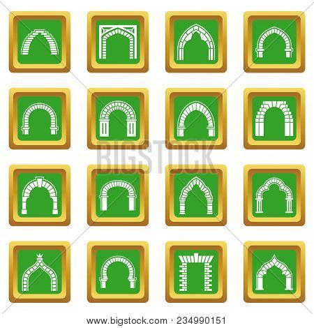 Arch Types Icons Set Vector Green Square Isolated On White Background