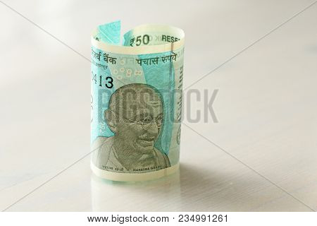 A New Banknote Of India With A Denomination Of 50 Rupees. Indian Currency. Portrait Of Mahatma Gandh