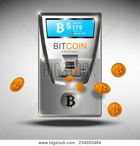 Bitcoin Atm Automated Machine. Atm Bitcoins Cash Machine Vector Illustration. Crypto Currency Tranfe