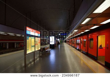 Finland, Helsinki - March 25, 2018: Fragment Of The Interior Of The Hakaniemi Metro Station In Helsi