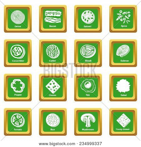 Slice Food Icons Set Vector Green Square Isolated On White Background