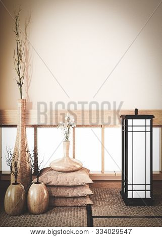 Empty Scene Window Background On Room Old Style, With Plants Vase Wooden Decoration On Tatami Mat Fl
