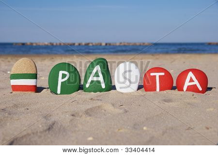 italian pasta, typical food, word on colourful stones
