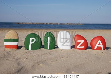Pizza, italian typical food, word on colourful stones