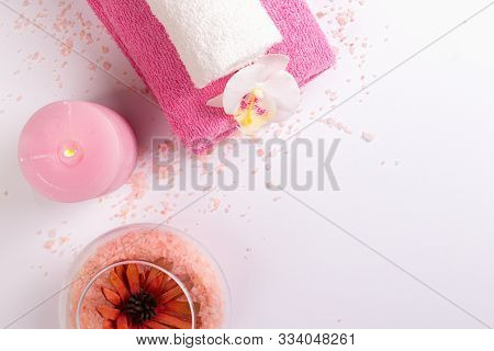 Pink Spa Prodacts On White Background. Copy Space, Flat Lay