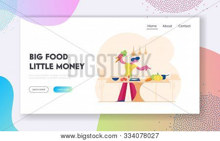 Woman Chopping Vegetables Website Landing Page. Happy Girl Cooking On Kitchen At Home Preparing Heal