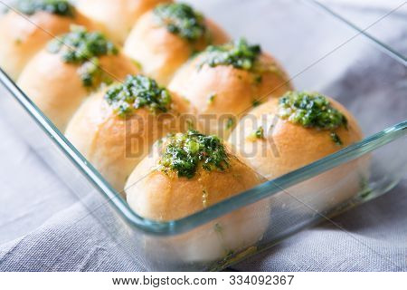 Buns (pampushki) With Garlic And Parsley. Traditional Bread To Soup In Russia And Ukraine. Selective