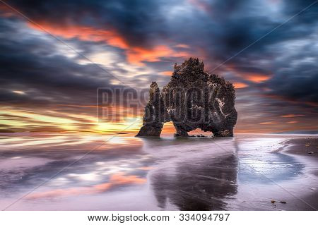 Dramatic Sunset View Of Hvitserkur Unique Basalt Rock In Iceland. Location: Place Hvitserkur, Vatnsn