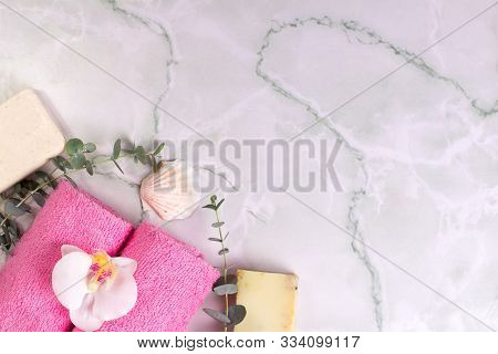 Spa Prodacts On Marble Background. Copy Space, Flat Lay