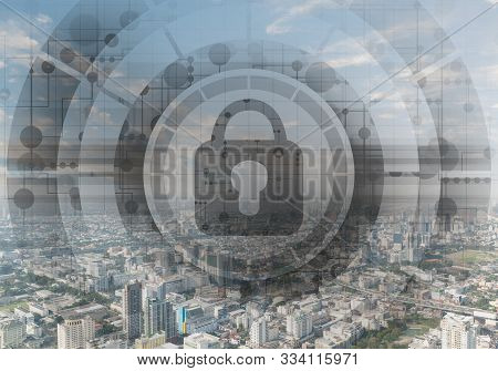 Cybersecurity Mixed Media With Virtual Locking Padlock On Cityscape Background. Data Privacy Protect