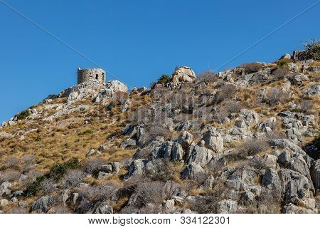 Ruins Of A Old Wind Mill Close To Kamini Village In Hydra Island, Greece
