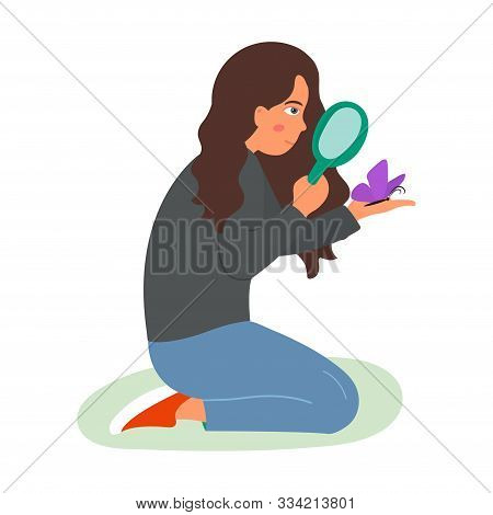 Young Girl Watching For A Butterfly Through A Magnifier.vector Illustration On White Background In C
