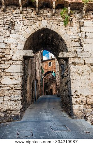 Medieval Porta Eburnea Gate Or Arco Della Mandorla (almond Arch) Of Perugia Ancient Etruscan City Wa