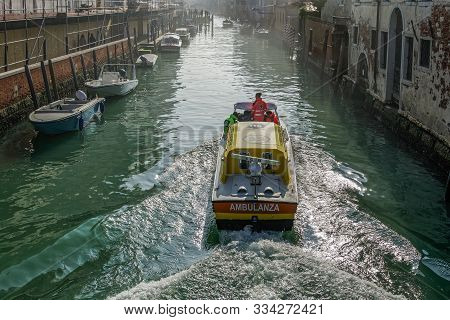 Venice, Italy - February 22 2019: Venetian Water Ambulance Sailing On The Canals. Venezia Emergenza 