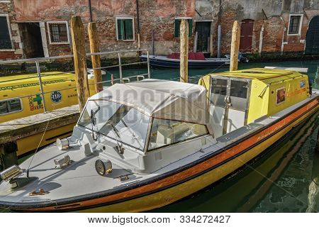 Venice, Italy - February 22 2019: Venetian Water Ambulance Moored On The Canals. Venezia Emergenza M
