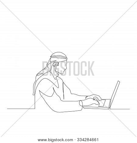 Continuous One Line Man In Arabian Clothes Works At A Laptop. Education Concept. Vector Stock Illust