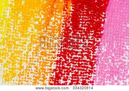 Crumbs And Chunks Of Multicolored Chalk, Oil Pestel On White Paper For Watercolor. Yellow, Pink, Red