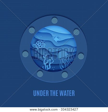 View Of The Underwater World Through The Porthole Of A Submarine In Paper Cut Style. Vector Butterfl