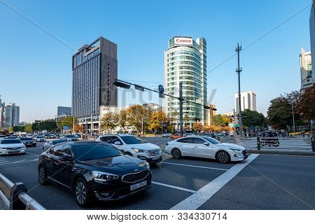 Seoul, South Korea - November 15, 2019: View Of Gangnam Street And Urban Landscape Around Gangnam St