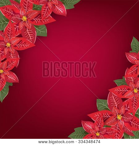 Merry Christmas Greeting Card Design With Floral Poinsetia Bouquet Decoration And Red Background Wit