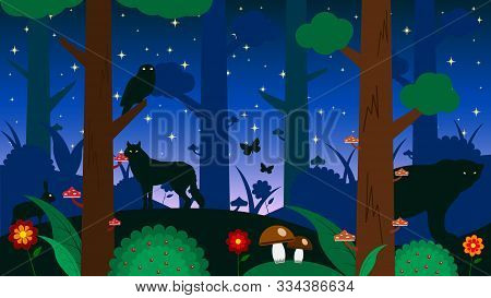 Colorful Forest In The Sunlight. Butterflies, Mushrooms, Berries, Trees.