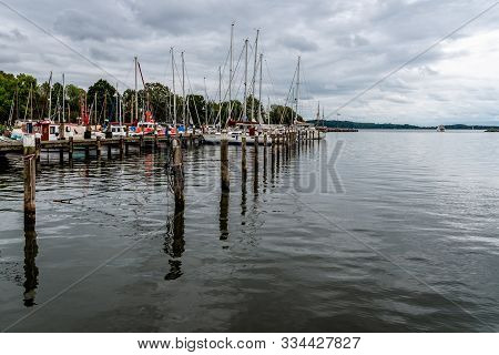 Lauterbach, Germany - August 1, 2019: View Of The Port With Sailing Boats Moored On Docks