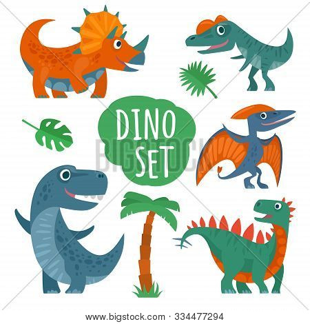 Dinosaurs Set. Vector Colorful Flat Icon Isolated On White.