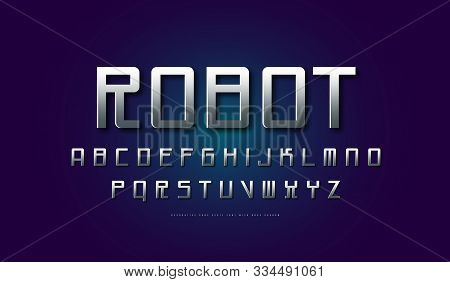 Silver Colored And Metal Chrome Monospaced Sans Serif Font In Cyber Style. Letters For Sci-fi, Cosmi