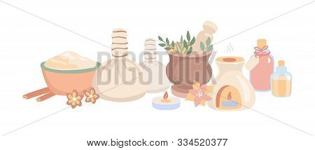Vector Illustration Ayurveda In Flat Style. Set Of Hand Drawn Elements For Ayurvedic Massage And Aro