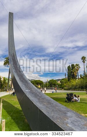 Nice, France - October 6, 2019: Unidentified People By Arc De 115.5 Degreest In Albert I Garden At N