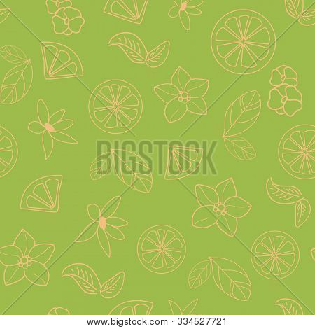 Vector Orange Blossom Seamless Pattern With Yellow Flowers, Leaves, Slices Of Orange, Seamless Repea