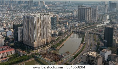 Ho Chi Minh City, Vietnam - March 12, 2019: Downtown. Rach Ben Nghe Canal With High Rises Apartment 