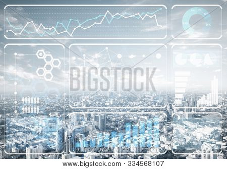 Abstract Business Charts On Background Of Financial District Of Megapolis City. Digital Economy And 